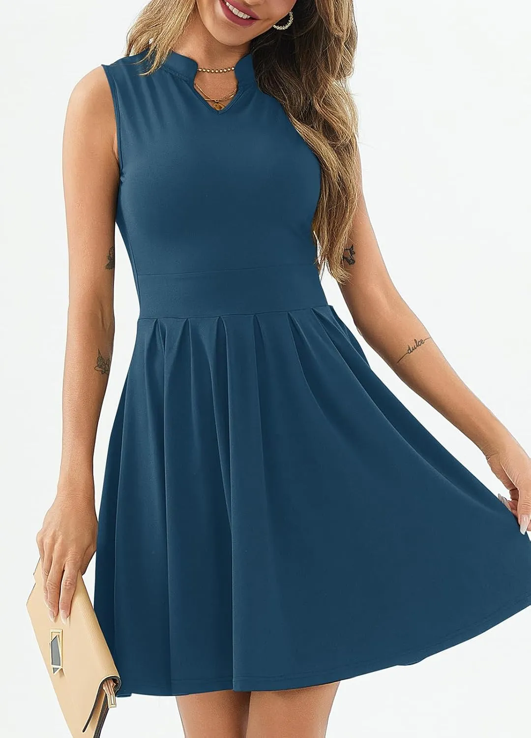 Women's Casual Work Summer Dress V Neck Sleeveless Pleated Beach Sundresses Boho Midi Swing Dresses