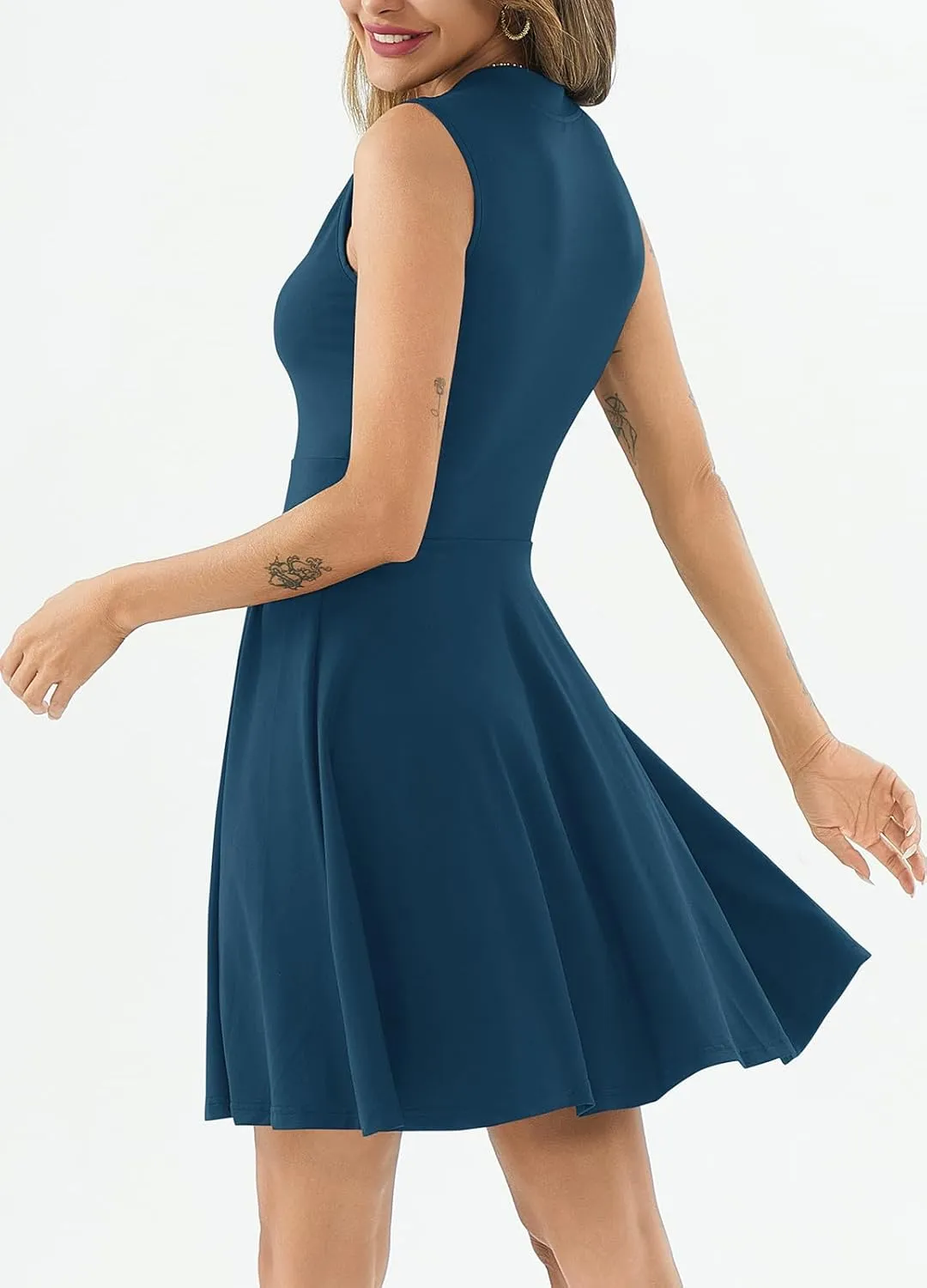 Women's Casual Work Summer Dress V Neck Sleeveless Pleated Beach Sundresses Boho Midi Swing Dresses