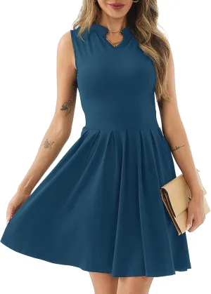 Women's Casual Work Summer Dress V Neck Sleeveless Pleated Beach Sundresses Boho Midi Swing Dresses