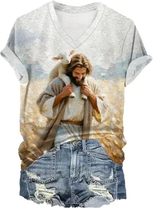 Womens Christian Shirts Jesus and Sheep Vneck T-Shirt for Women Oil Painting Style Printed Graphic Tshirt