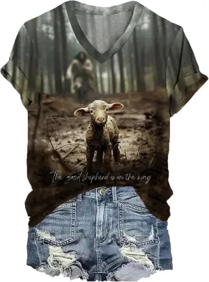 Womens Christian Shirts Jesus and Sheep Vneck T-Shirt for Women Oil Painting Style Printed Graphic Tshirt