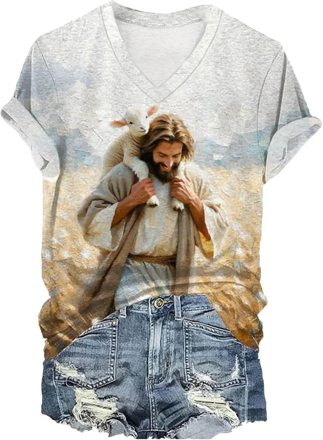 Womens Christian Shirts Jesus and Sheep Vneck T-Shirt for Women Oil Painting Style Printed Graphic Tshirt