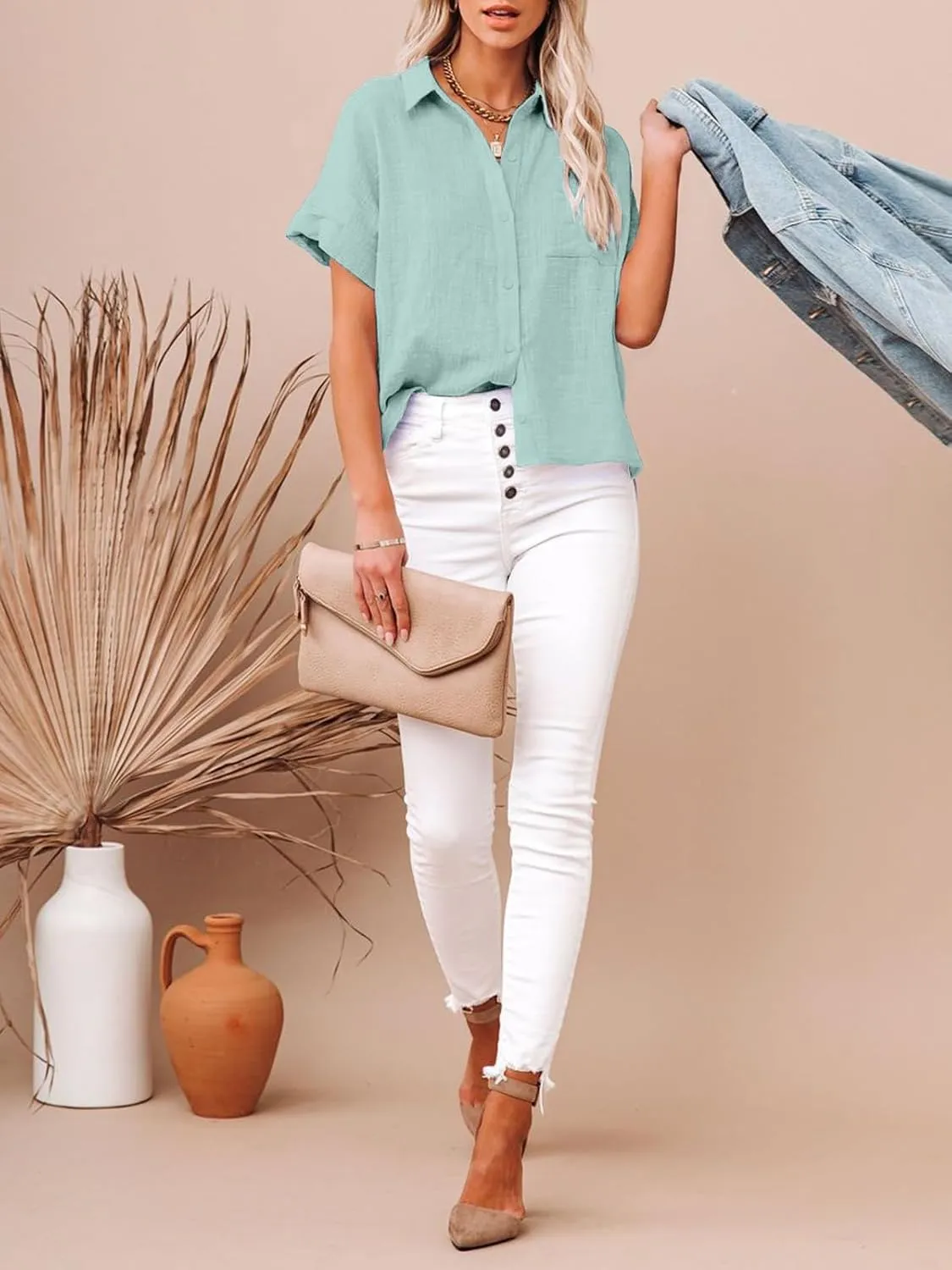 Womens Cotton Linen Button Down Shirts Short Sleeve Dress Shirts Casual Summer Tops Blouses with Pockets