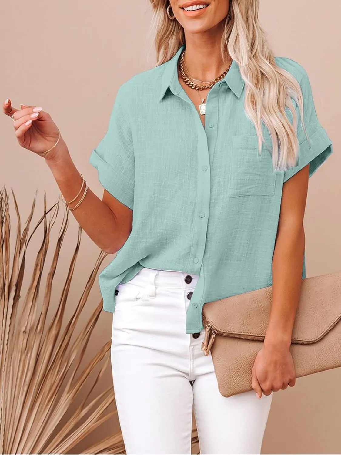 Womens Cotton Linen Button Down Shirts Short Sleeve Dress Shirts Casual Summer Tops Blouses with Pockets