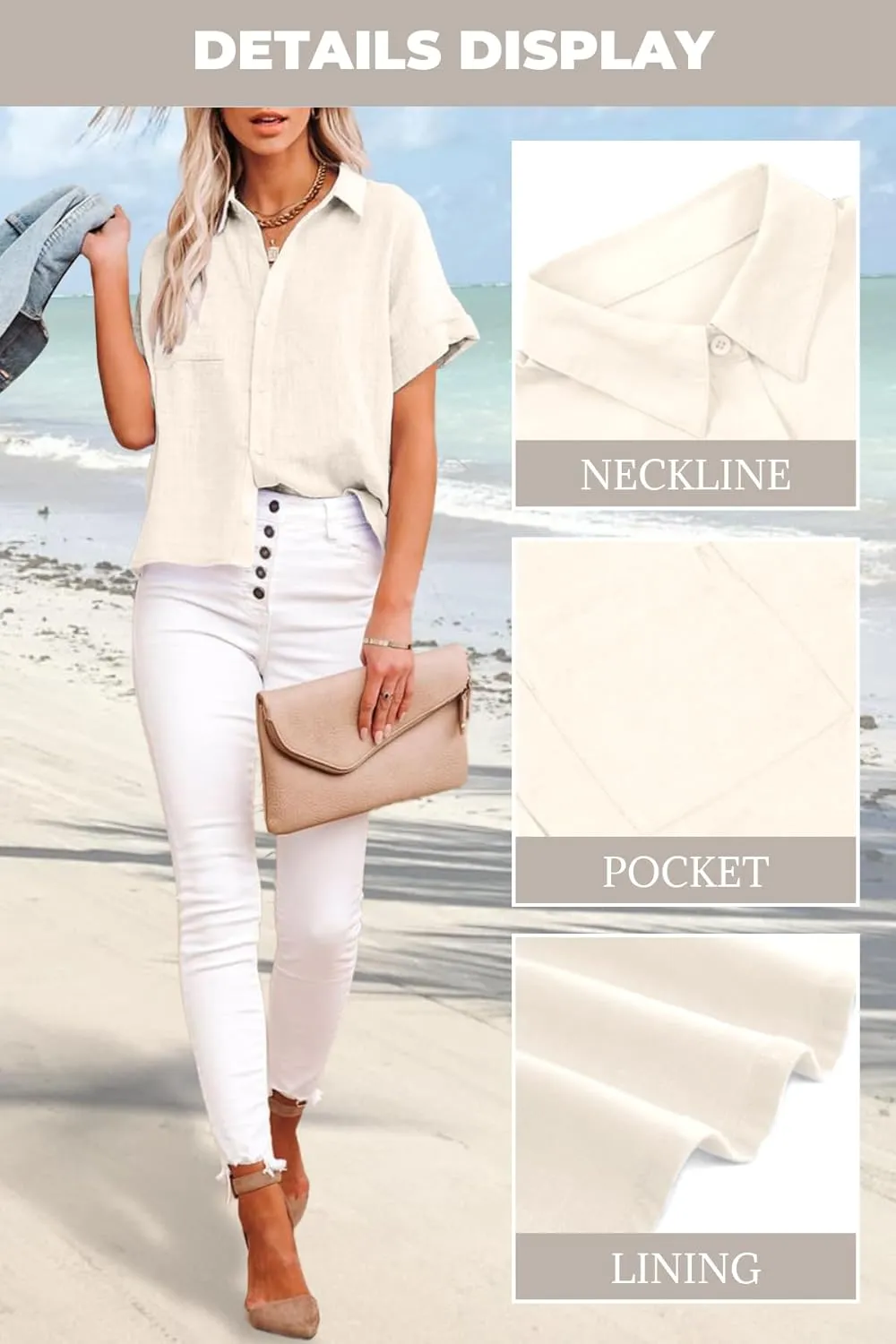 Womens Cotton Linen Button Down Shirts Short Sleeve Dress Shirts Casual Summer Tops Blouses with Pockets