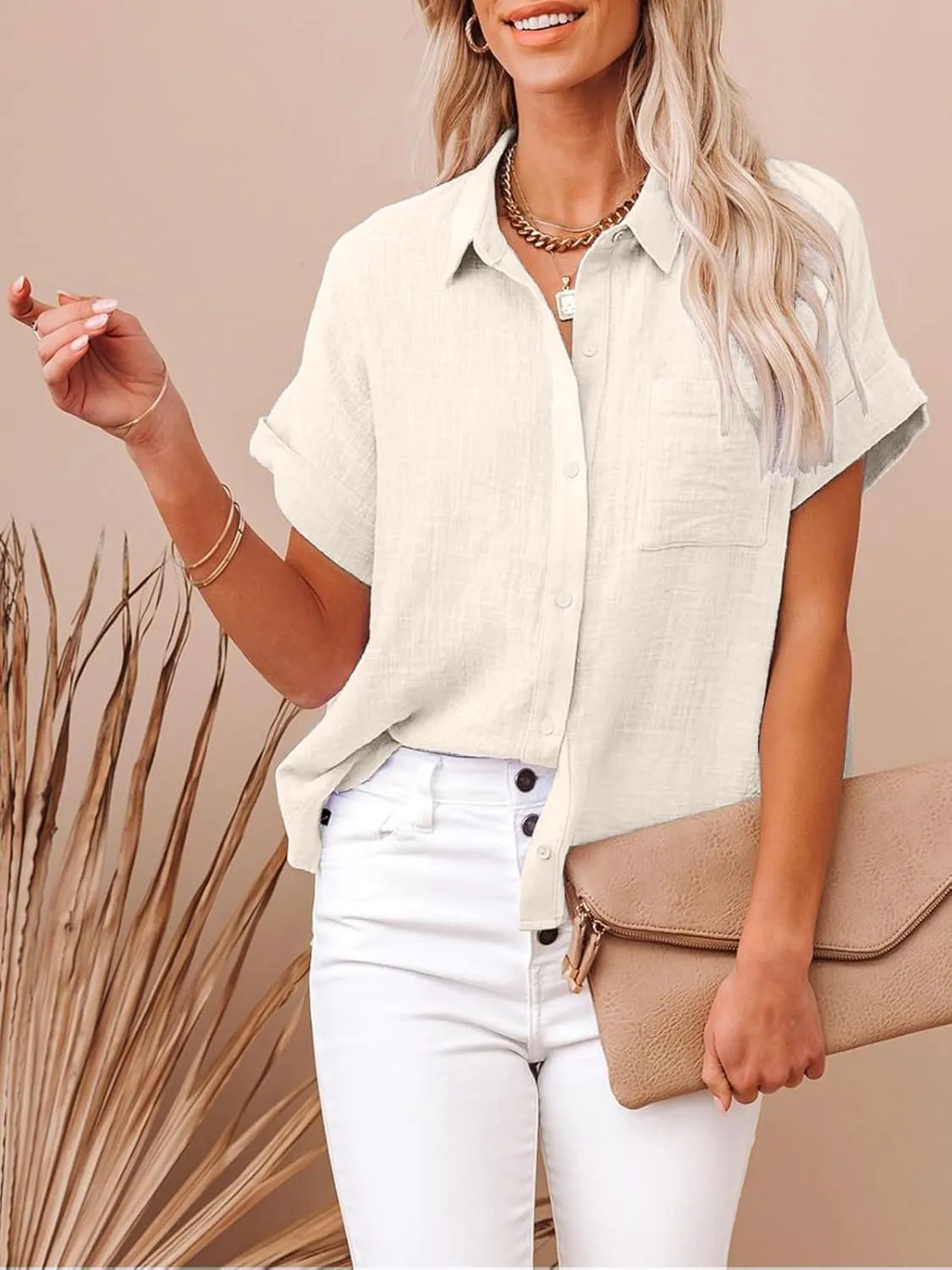 Womens Cotton Linen Button Down Shirts Short Sleeve Dress Shirts Casual Summer Tops Blouses with Pockets