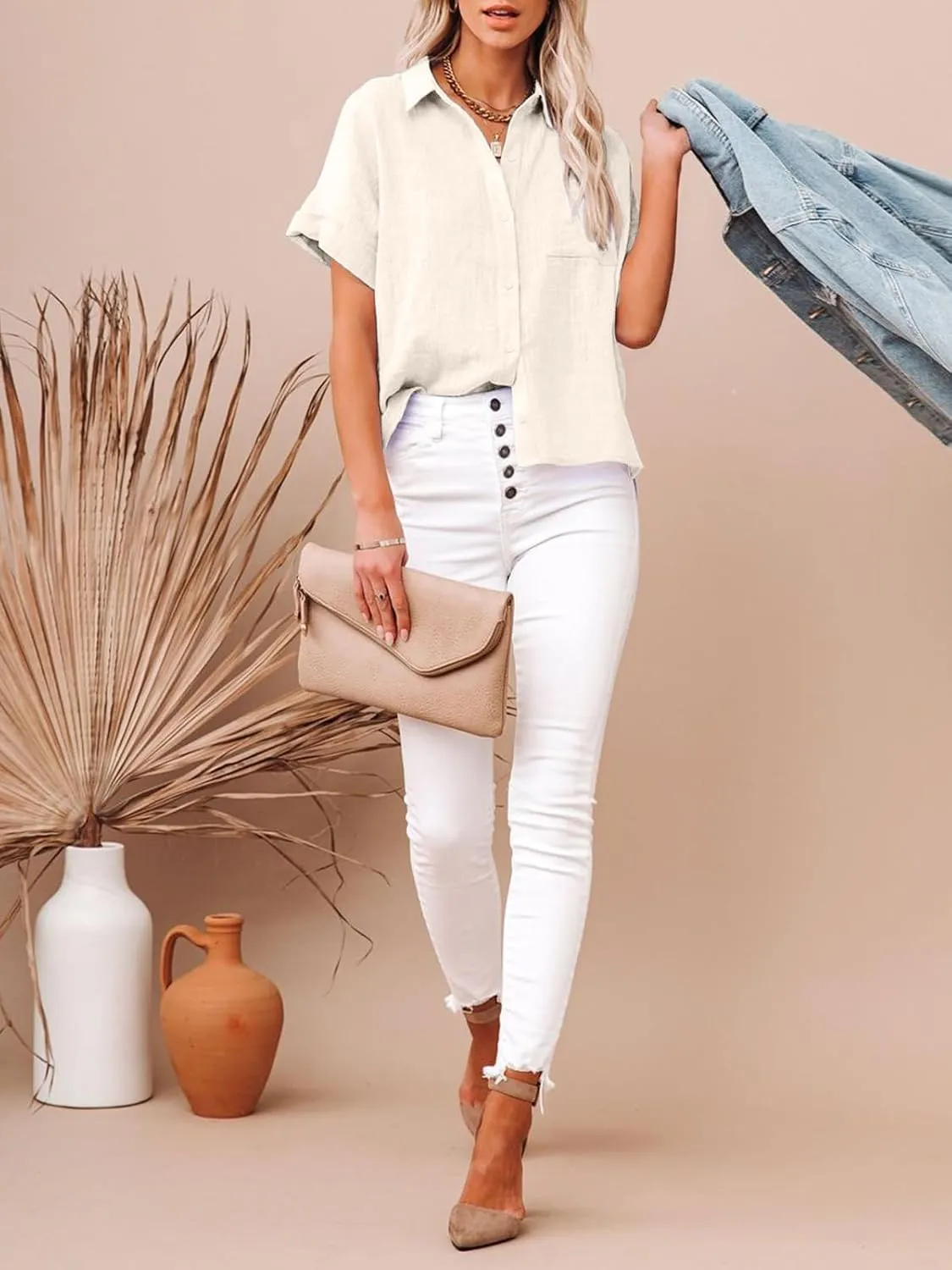 Womens Cotton Linen Button Down Shirts Short Sleeve Dress Shirts Casual Summer Tops Blouses with Pockets