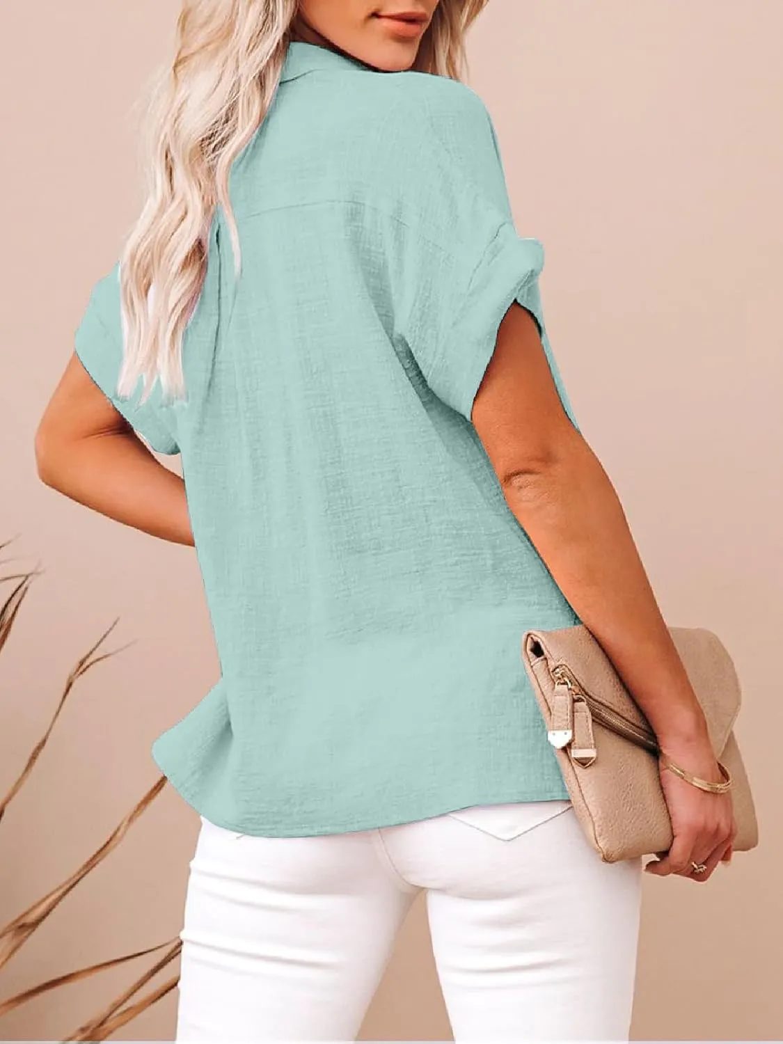 Womens Cotton Linen Button Down Shirts Short Sleeve Dress Shirts Casual Summer Tops Blouses with Pockets
