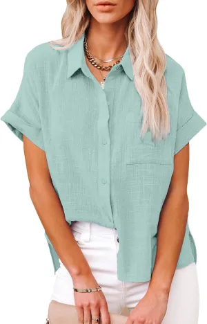 Womens Cotton Linen Button Down Shirts Short Sleeve Dress Shirts Casual Summer Tops Blouses with Pockets