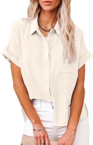 Womens Cotton Linen Button Down Shirts Short Sleeve Dress Shirts Casual Summer Tops Blouses with Pockets
