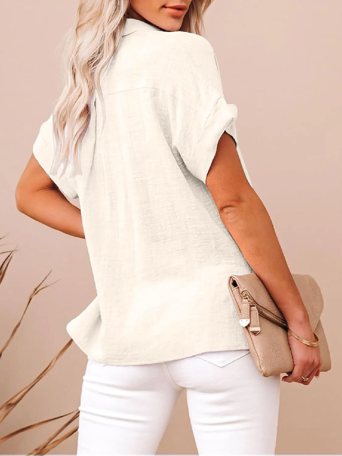 Womens Cotton Linen Button Down Shirts Short Sleeve Dress Shirts Casual Summer Tops Blouses with Pockets