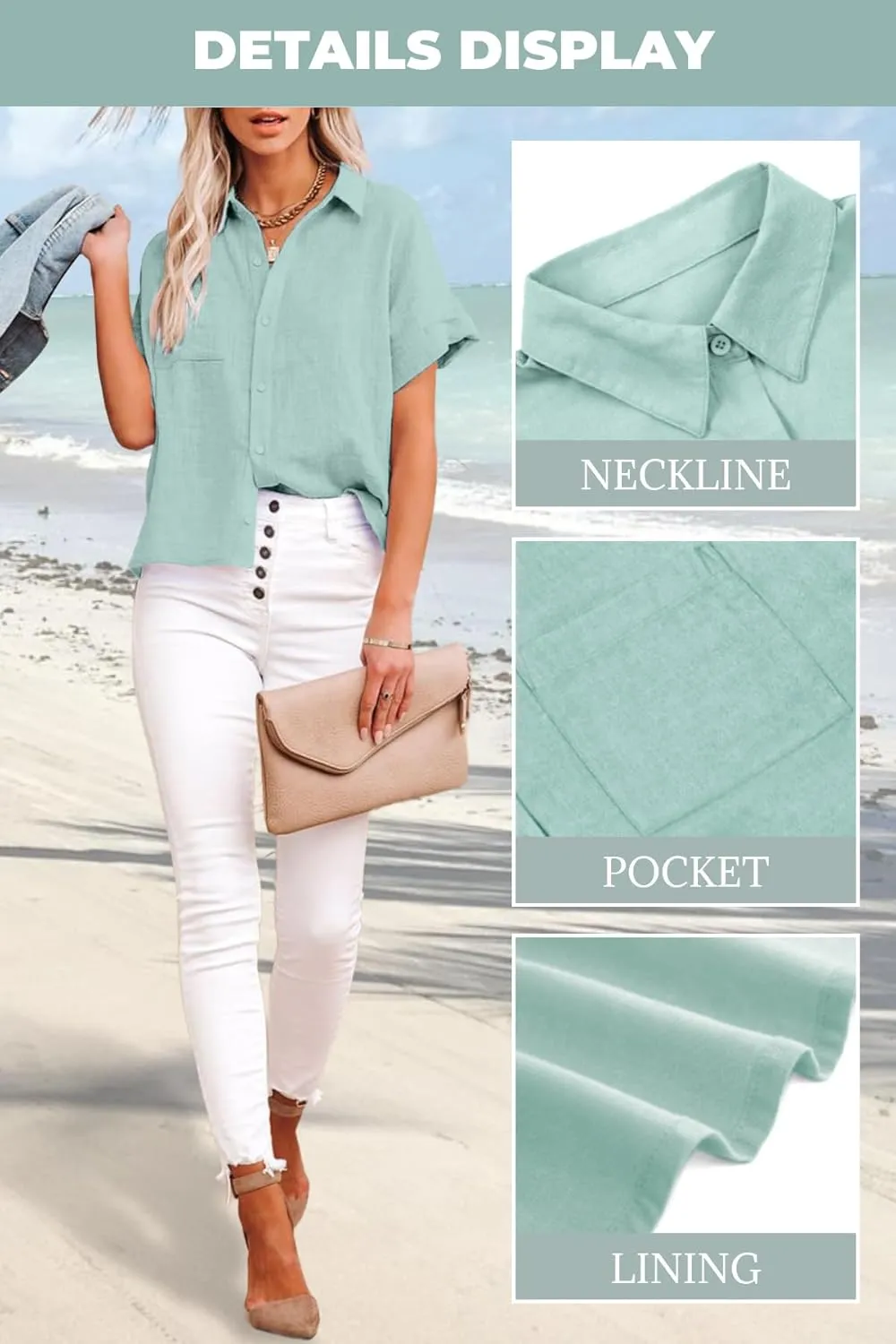 Womens Cotton Linen Button Down Shirts Short Sleeve Dress Shirts Casual Summer Tops Blouses with Pockets