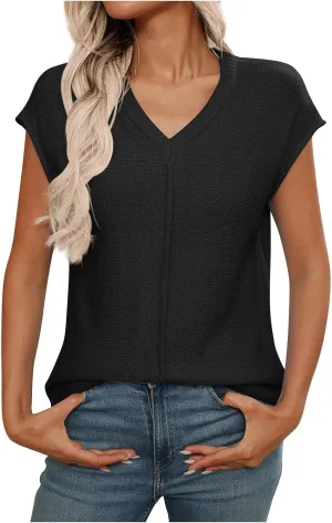 Womens Cotton Pullover Tops 2025 Summer Trendy Knit Cap Sleeve Sweater Vests Casual Loose Fit Lightweight Blouse