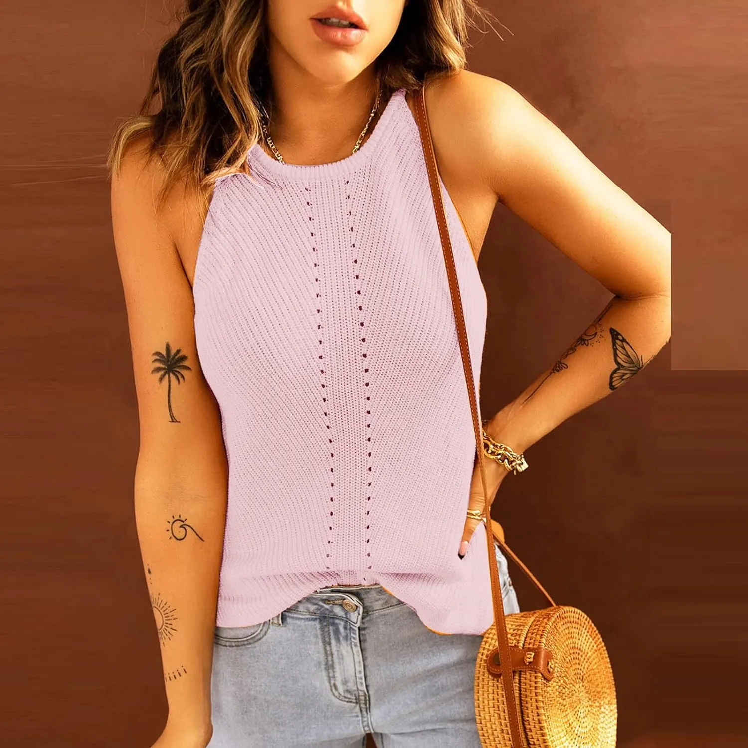 Womens Knitted Eyelet Tank Tops - Sleeveless Loose Fit Blouse Crew Neck Casual Camisole Summer Trendy Fashion Clothes