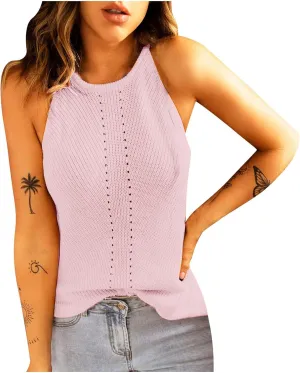 Womens Knitted Eyelet Tank Tops - Sleeveless Loose Fit Blouse Crew Neck Casual Camisole Summer Trendy Fashion Clothes
