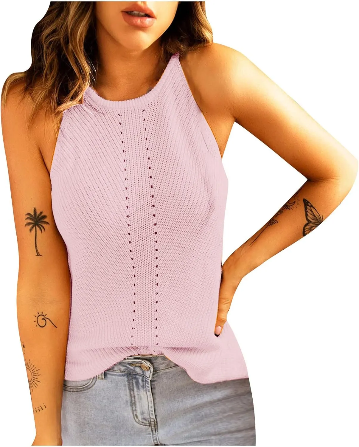 Womens Knitted Eyelet Tank Tops - Sleeveless Loose Fit Blouse Crew Neck Casual Camisole Summer Trendy Fashion Clothes