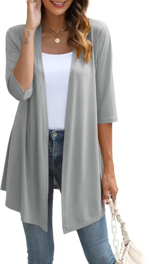 Womens Lightweight Open Front Cardigan Casual Loose Knit 3/4 Sleeves Fall Outwear Fashion