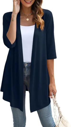 Womens Lightweight Open Front Cardigan Casual Loose Knit 3/4 Sleeves Fall Outwear Fashion