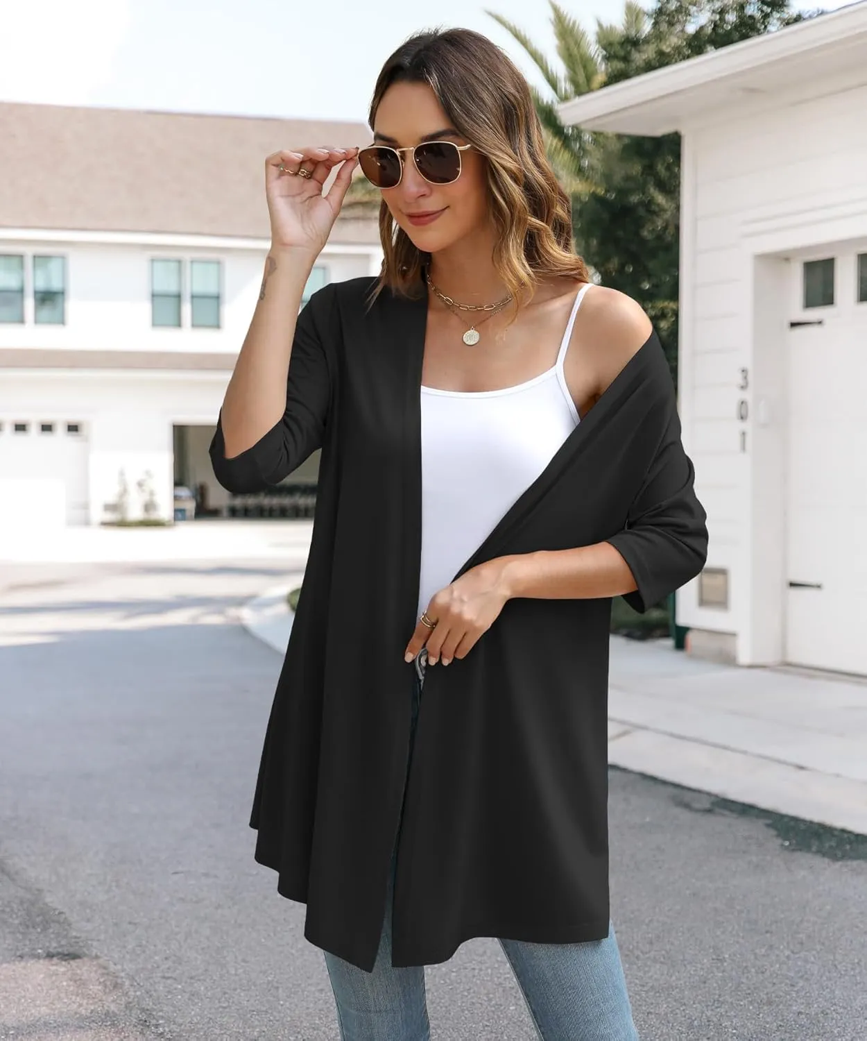 Womens Lightweight Open Front Cardigan Casual Loose Knit 3/4 Sleeves Fall Outwear Fashion