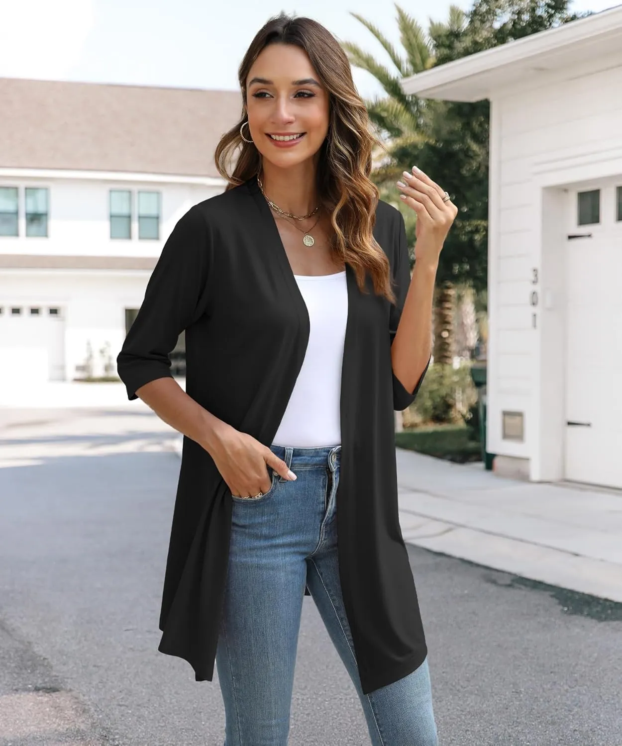 Womens Lightweight Open Front Cardigan Casual Loose Knit 3/4 Sleeves Fall Outwear Fashion
