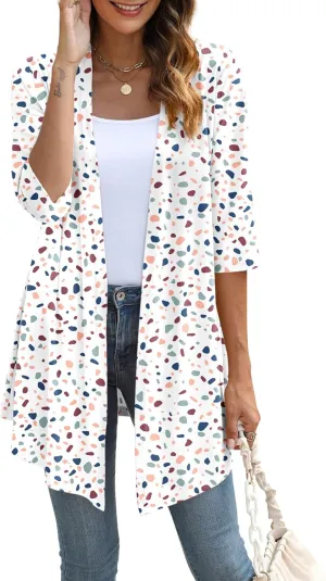 Womens Lightweight Open Front Cardigan Casual Loose Knit 3/4 Sleeves Fall Outwear Fashion
