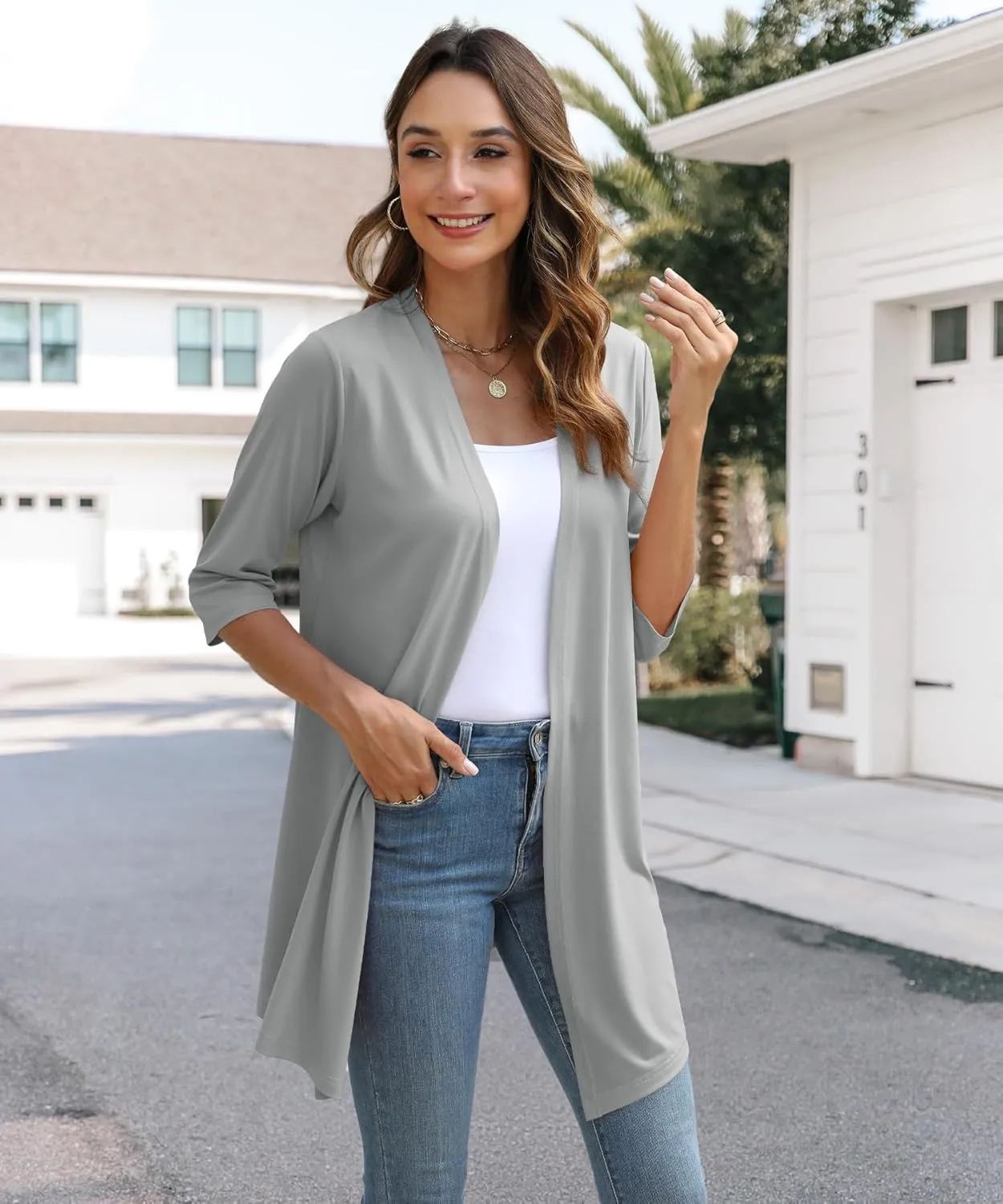 Womens Lightweight Open Front Cardigan Casual Loose Knit 3/4 Sleeves Fall Outwear Fashion