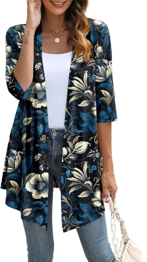 Womens Lightweight Open Front Cardigan Casual Loose Knit 3/4 Sleeves Fall Outwear Fashion