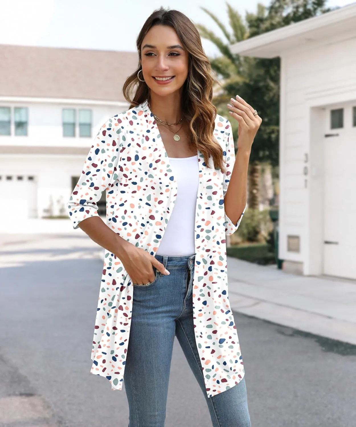 Womens Lightweight Open Front Cardigan Casual Loose Knit 3/4 Sleeves Fall Outwear Fashion