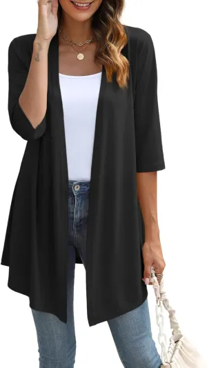 Womens Lightweight Open Front Cardigan Casual Loose Knit 3/4 Sleeves Fall Outwear Fashion