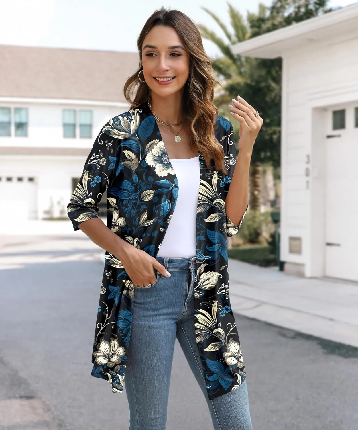 Womens Lightweight Open Front Cardigan Casual Loose Knit 3/4 Sleeves Fall Outwear Fashion