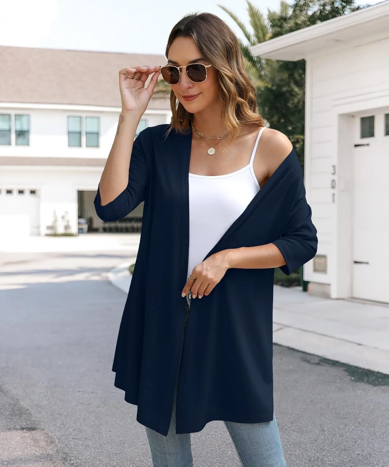 Womens Lightweight Open Front Cardigan Casual Loose Knit 3/4 Sleeves Fall Outwear Fashion