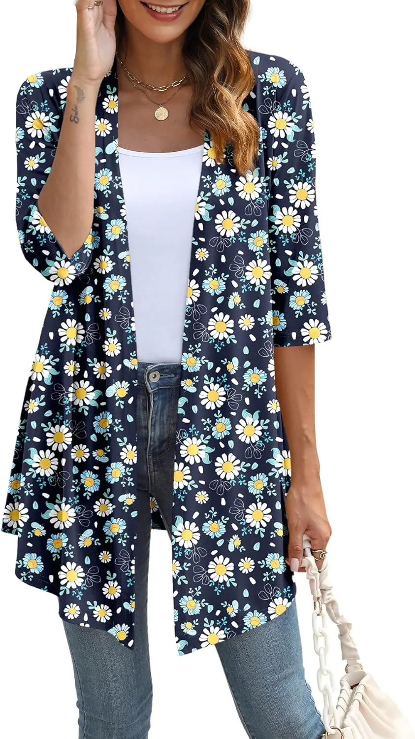 Womens Lightweight Open Front Cardigan Casual Loose Knit 3/4 Sleeves Fall Outwear Fashion