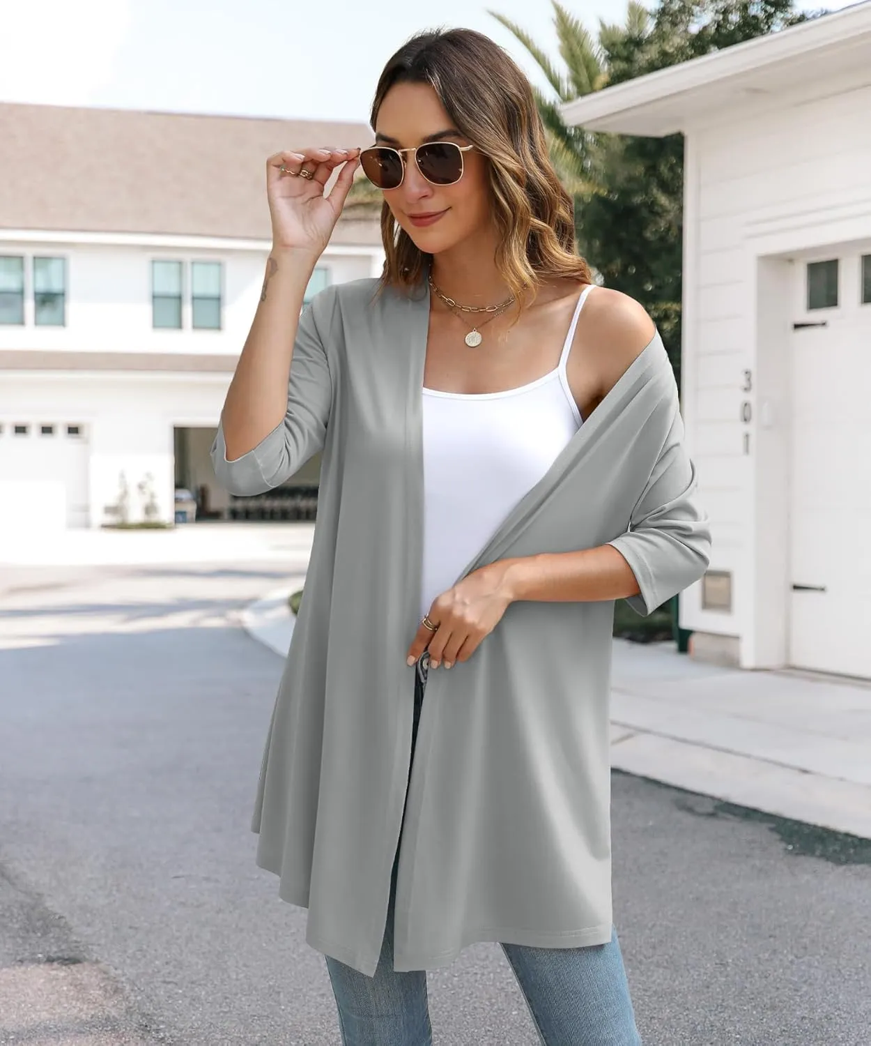 Womens Lightweight Open Front Cardigan Casual Loose Knit 3/4 Sleeves Fall Outwear Fashion