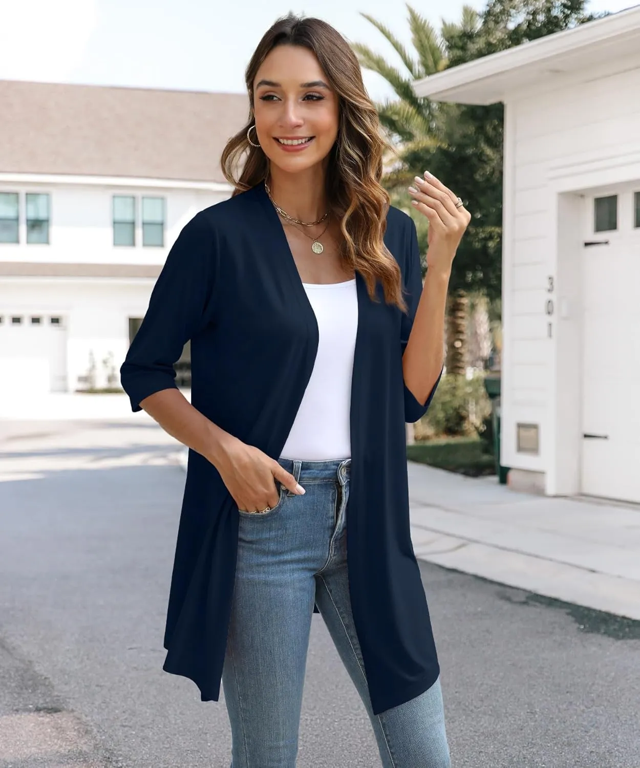Womens Lightweight Open Front Cardigan Casual Loose Knit 3/4 Sleeves Fall Outwear Fashion