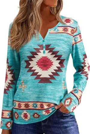Womens Long Sleeve T Shirts Aztec Cow Print Western Henley Tops Ladies Graphic Tees Casual V Neck Loose Fit Blouse