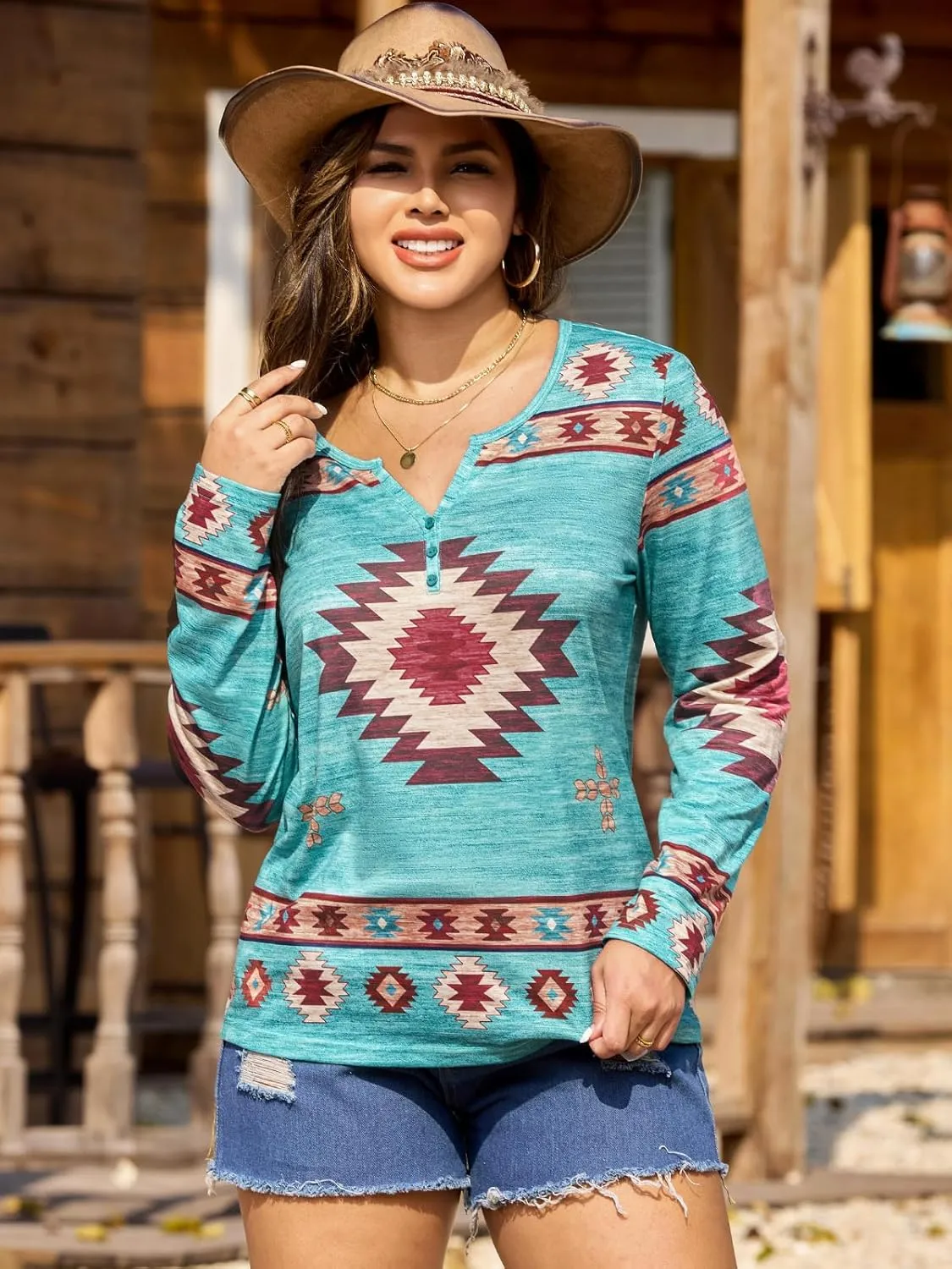 Womens Long Sleeve T Shirts Aztec Cow Print Western Henley Tops Ladies Graphic Tees Casual V Neck Loose Fit Blouse