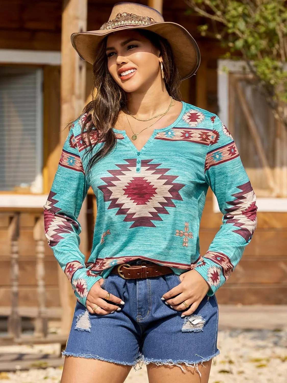 Womens Long Sleeve T Shirts Aztec Cow Print Western Henley Tops Ladies Graphic Tees Casual V Neck Loose Fit Blouse