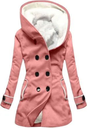 Women's Long Sleeve Winter Coat Warm Shaggy Down Hooded Button Down Coat Jacket