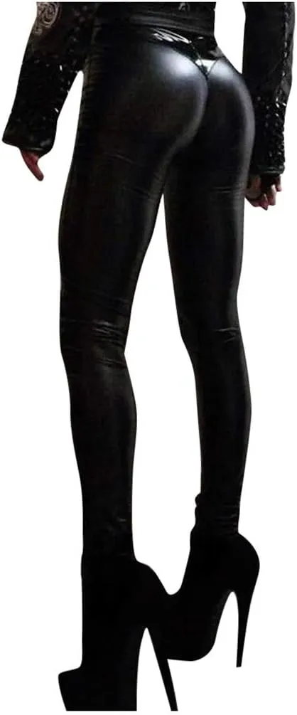 Womens Motorcycle Riding Stretchy Faux Leather Leggings Pants Sexy Black High Waisted Butt Lift Tights