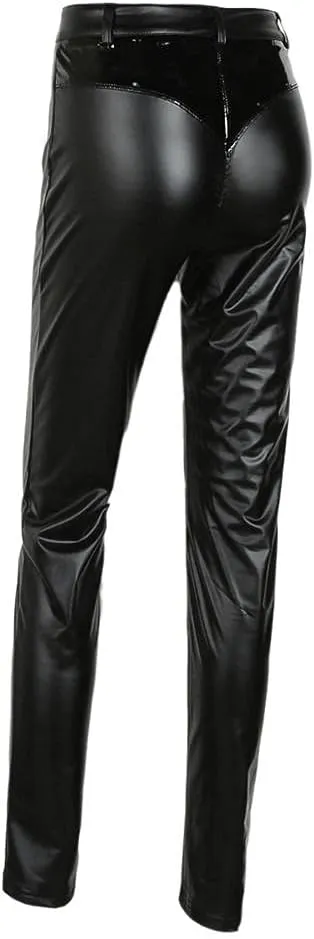 Womens Motorcycle Riding Stretchy Faux Leather Leggings Pants Sexy Black High Waisted Butt Lift Tights