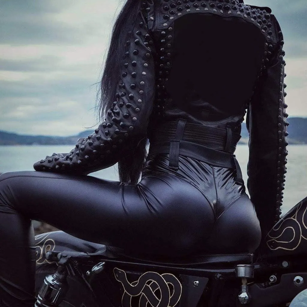 Womens Motorcycle Riding Stretchy Faux Leather Leggings Pants Sexy Black High Waisted Butt Lift Tights