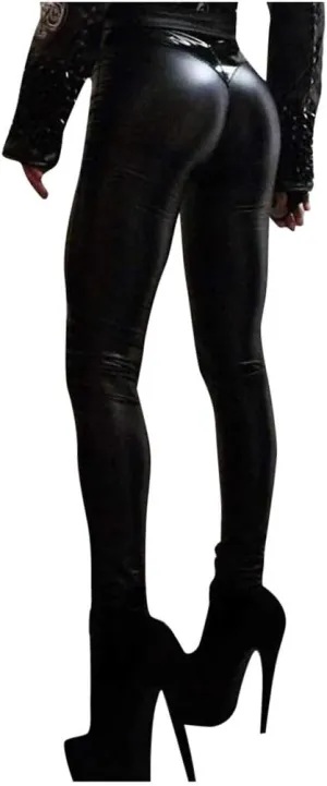 Womens Motorcycle Riding Stretchy Faux Leather Leggings Pants Sexy Black High Waisted Butt Lift Tights