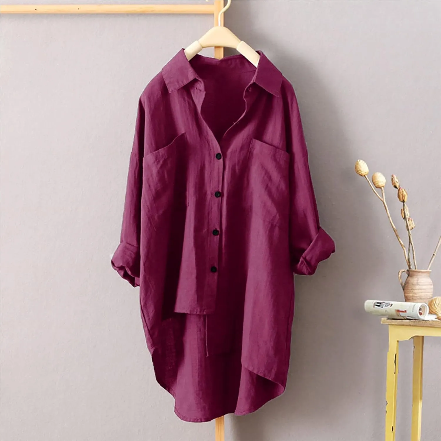 Women's Oversized Long Sleeve Cotton Linen Shirts Button Down Vacation Blouses High Low Hem Flowy Long Tail Shirts