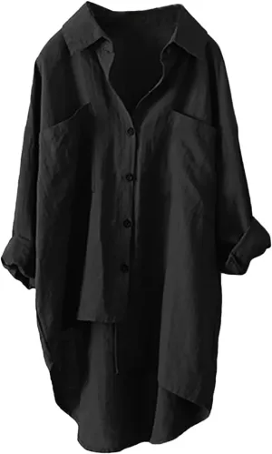 Women's Oversized Long Sleeve Cotton Linen Shirts Button Down Vacation Blouses High Low Hem Flowy Long Tail Shirts