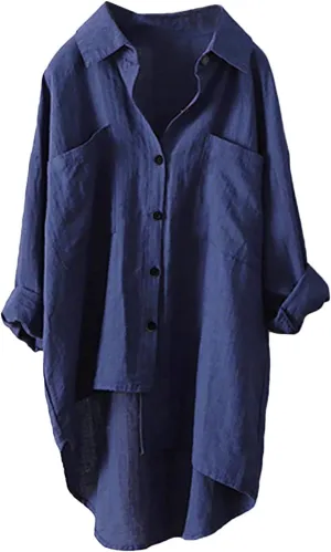 Women's Oversized Long Sleeve Cotton Linen Shirts Button Down Vacation Blouses High Low Hem Flowy Long Tail Shirts