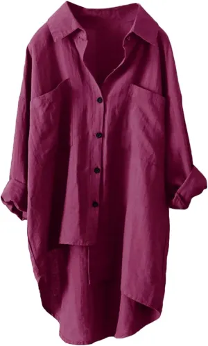 Women's Oversized Long Sleeve Cotton Linen Shirts Button Down Vacation Blouses High Low Hem Flowy Long Tail Shirts