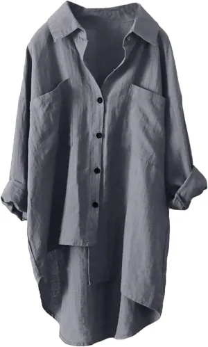 Women's Oversized Long Sleeve Cotton Linen Shirts Button Down Vacation Blouses High Low Hem Flowy Long Tail Shirts