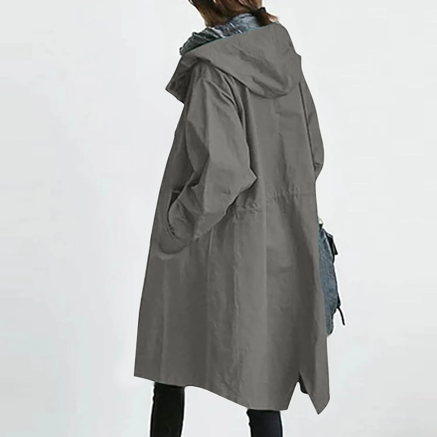 Womens Plus Size Long Hooded Trench Coat Fall Long Sleeve Single-Breasted Open Front Softshell Windbreaker Jackets