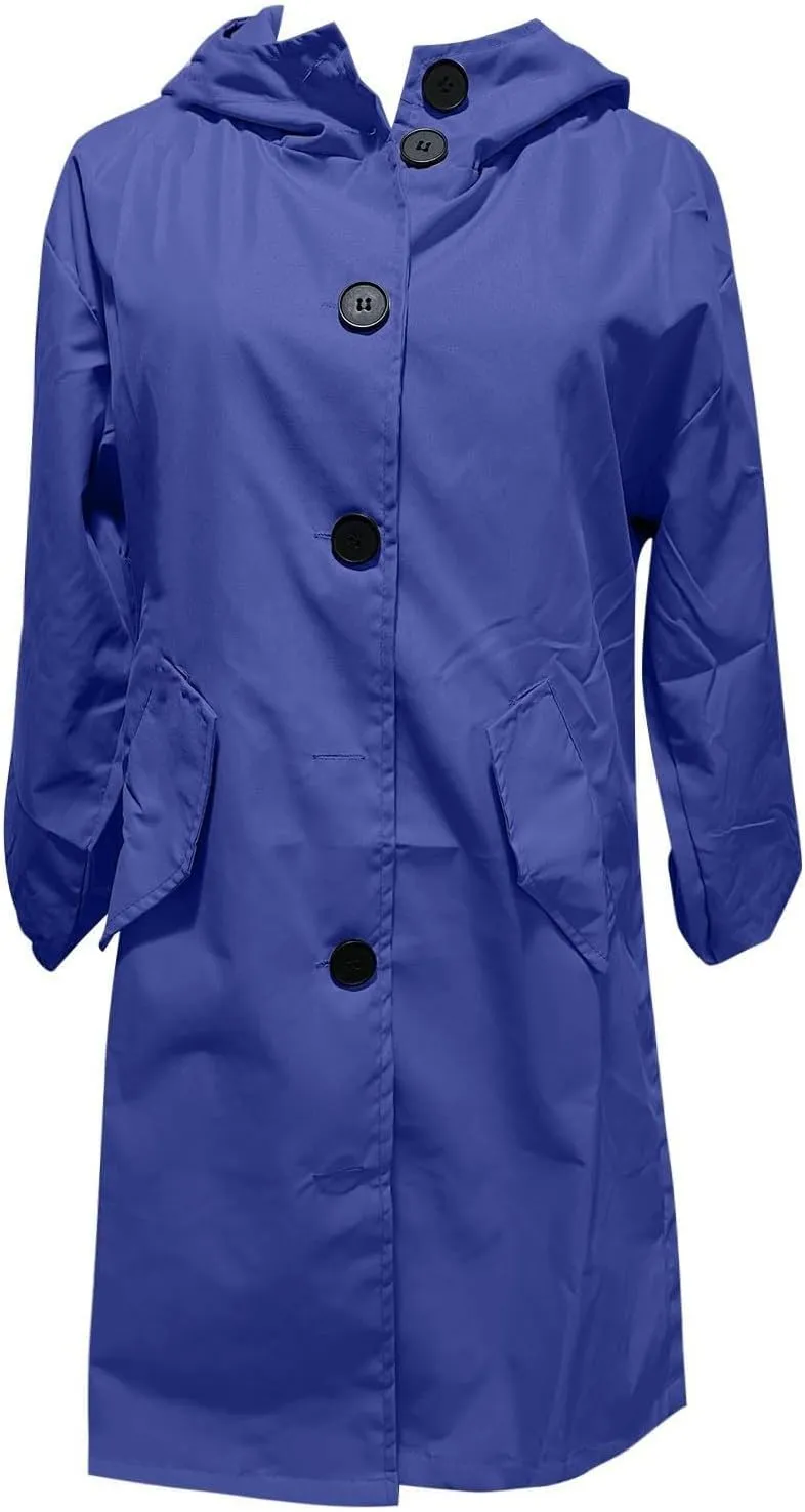 Womens Plus Size Long Hooded Trench Coat Fall Long Sleeve Single-Breasted Open Front Softshell Windbreaker Jackets