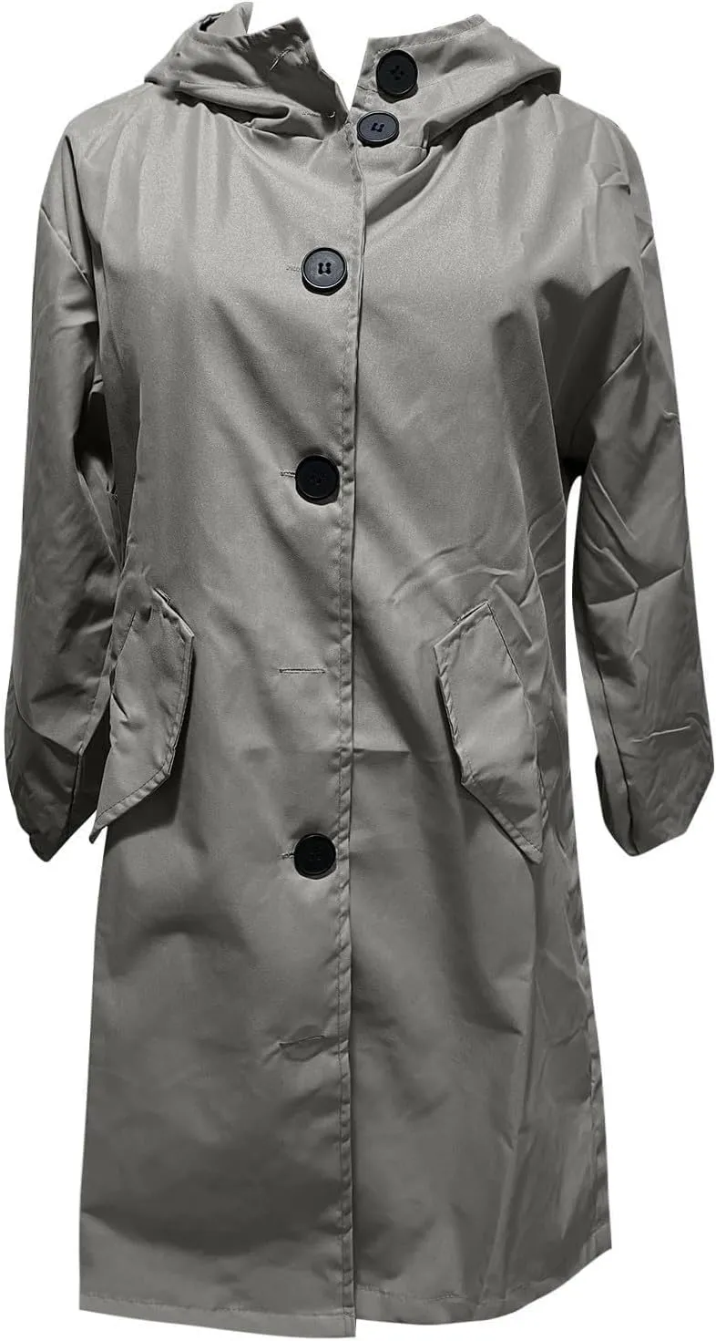 Womens Plus Size Long Hooded Trench Coat Fall Long Sleeve Single-Breasted Open Front Softshell Windbreaker Jackets